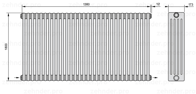 Схема (чертеж) Радиатор Zehnder Charleston 5180/30 №2670 Белый глянцевый RAL 9016